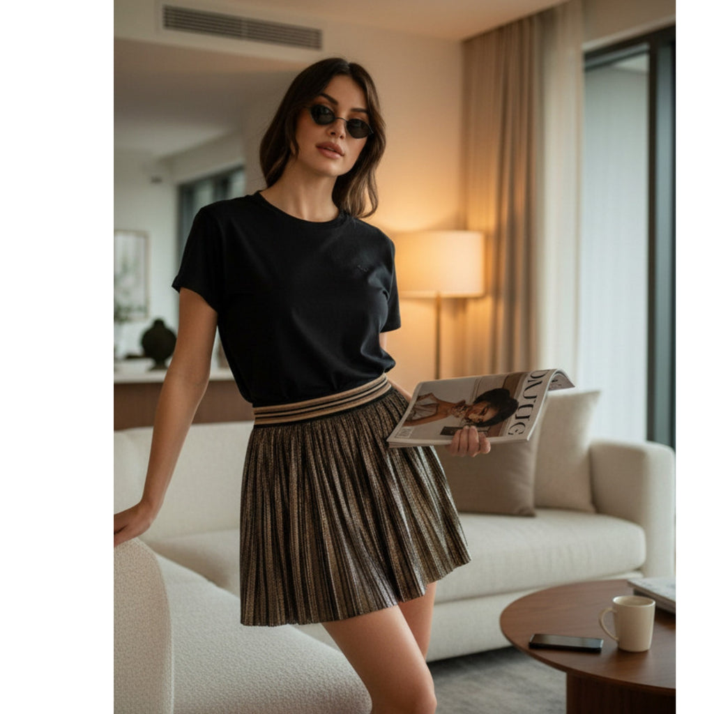 Black Metallic Pleated Mini Skirt