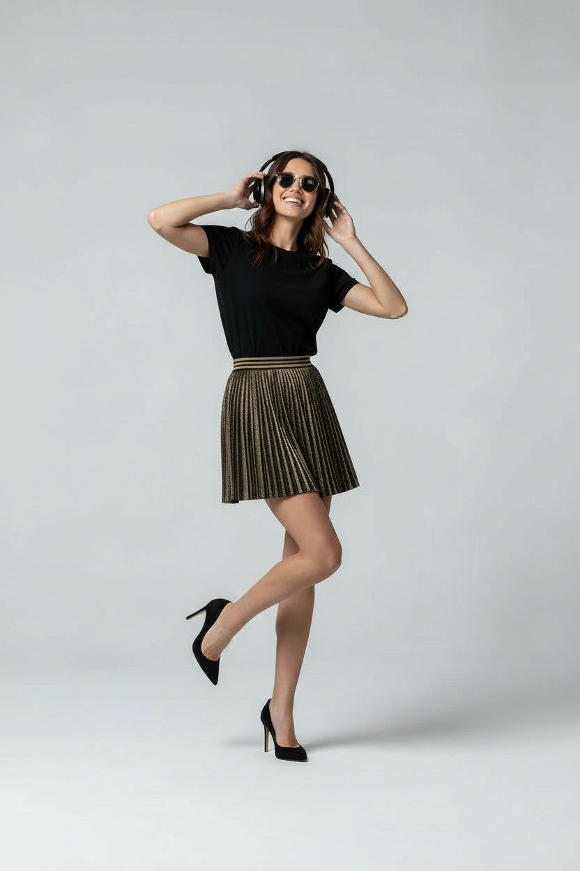 Black Metallic Pleated Mini Skirt